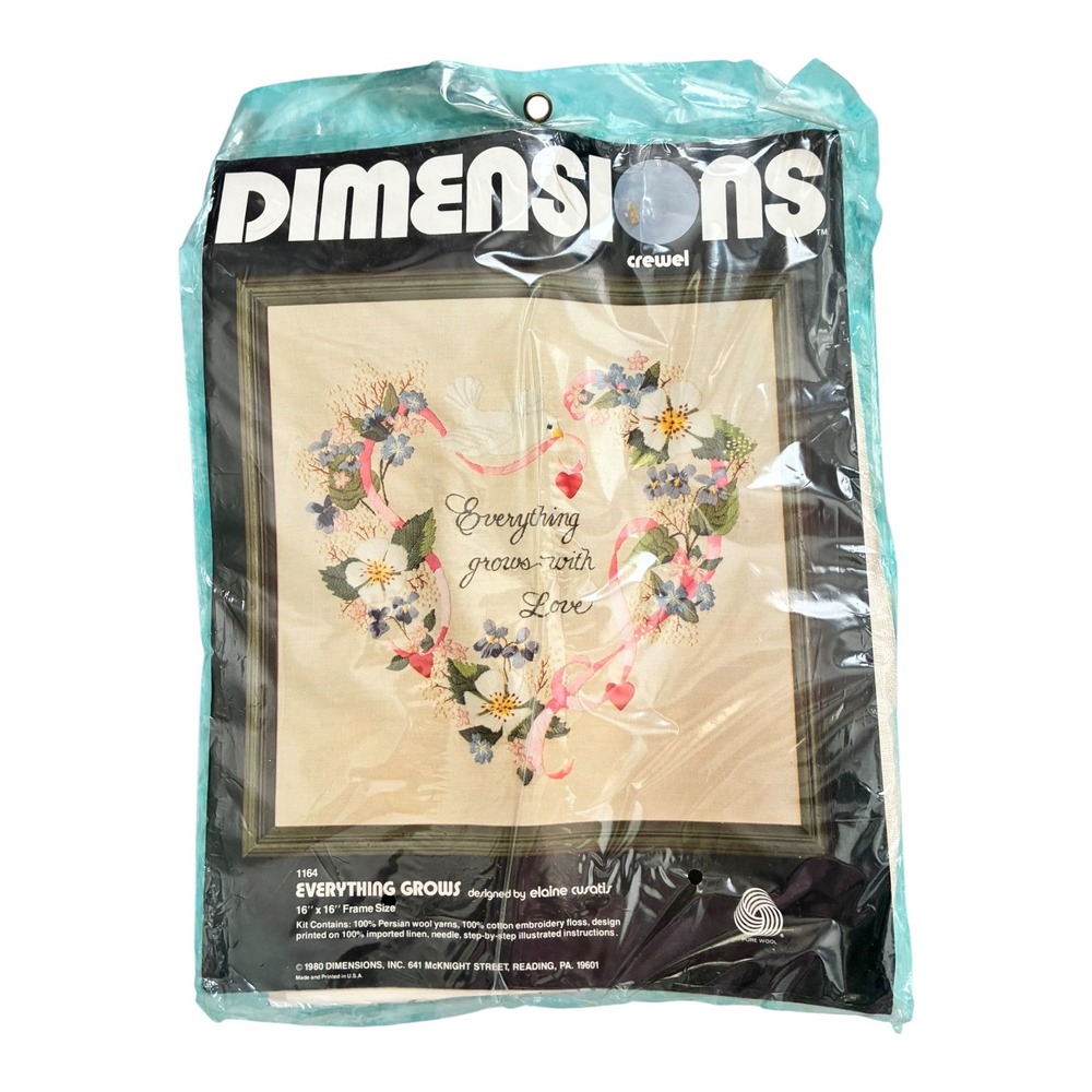 Dimensions Crewel Kit Everything Grows 16x16 Vintage 1980 Floral Heart Love 1164 - Picture 1 of 7